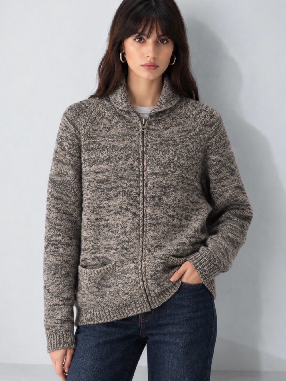 Aritzia TNA Grey Lambswool Marled Zip-Up Cardigan Sweater Size L